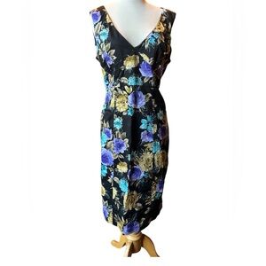 Evan Picone Floral Midi Dress in Black with Purple, Blue and Tan Accents